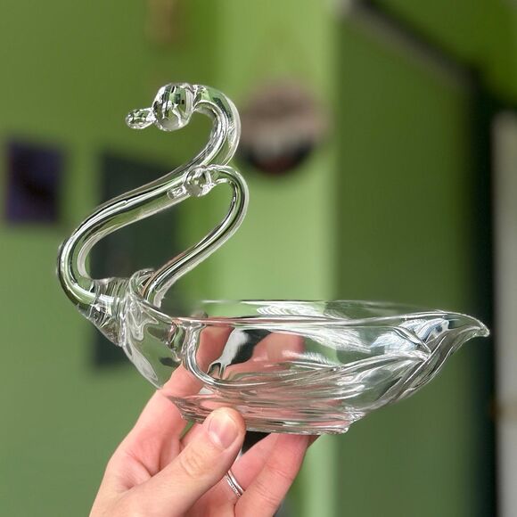 Other - VTG Dainty Shiny Elegant Glass Swan Mama + Baby Bird Trinket Dish Set of 2